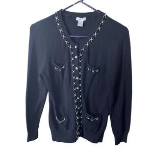 Cache’ size M black knit faceted button chain accent cardigan.